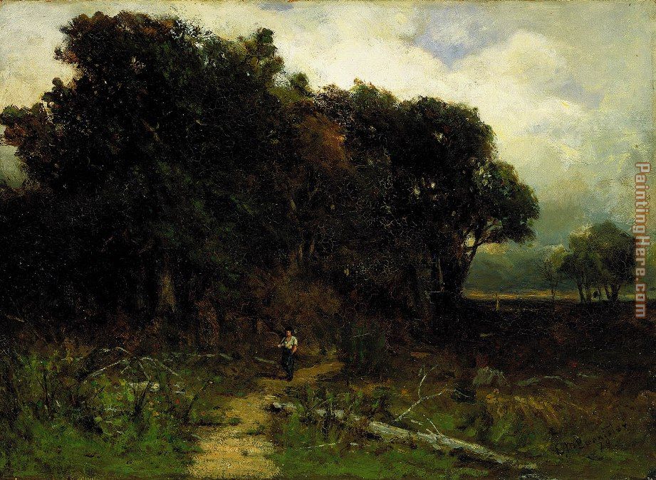 landscape, woodcutter on path painting - Edward Mitchell Bannister landscape, woodcutter on path art painting